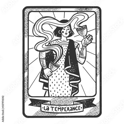 Tarot playing card Temperance sketch engraving vector illustration. T-shirt apparel print design. Scratch board imitation. Black and white hand drawn image. photo