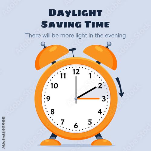 Daylight Saving Time March 12, 2023 Concept. Clock set to an hour ahead. Spring Forward, Summer Time. Vector illustration with call to switch to dst.