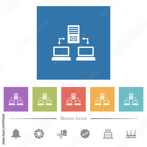 Multiple connections to mail server flat white icons in square backgrounds
