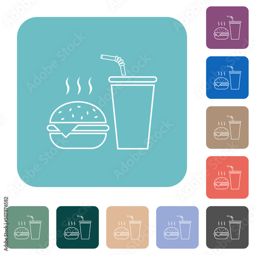 Fast food menu with cheeseburger and drink outline rounded square flat icons