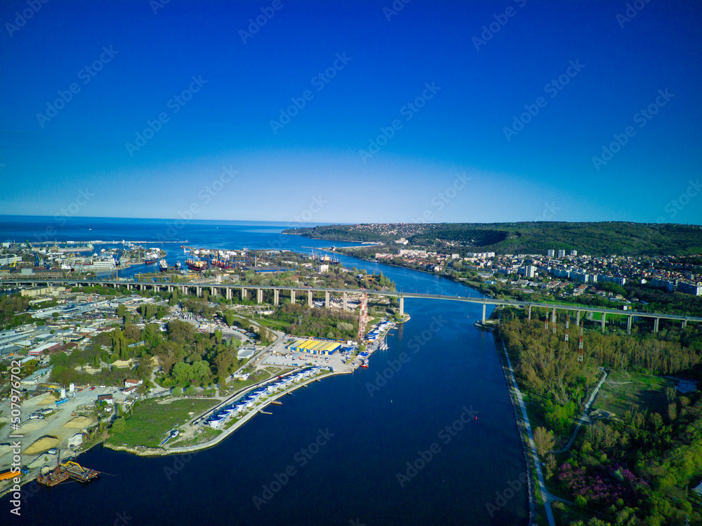 View from a height on the bridge between the town of Sozopol with houses near the Black Sea