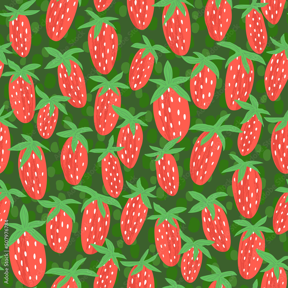 Hand-drawn seamless pattern with strawberries. Juicy berries on a deep green background with texture. Fabric print textured design. Creative stylish illustration for paper and gift wrap. Hand-drawn seamless pattern with strawberries. Juicy berries on a deep green background with texture. Fabric print textured design. Creative stylish illustration for paper and gift wrap.
