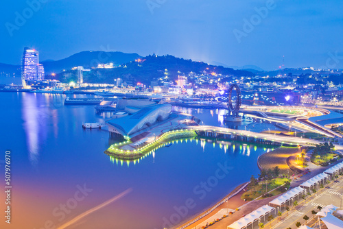 Panoramic views of Expo EDG Square and Yeosu peninsula from the Sky Tower.