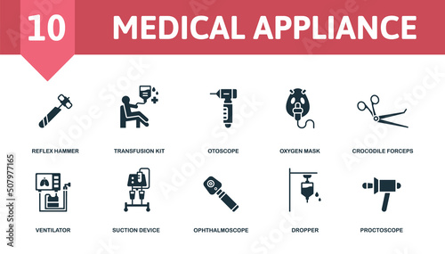 Medical Appliance set icon. Editable icons medical appliance theme such as reflex hammer, otoscope, crocodile forceps and more.