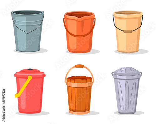 Water bucket set. Vector set of different buckets