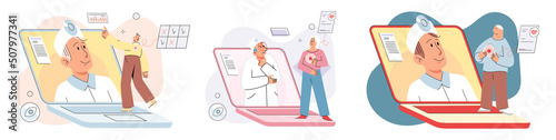 Online medical consultation and support metaphor. Online doctor. Healthcare services, Ask doctor. Tele medicine e-health service. Therapist videocalling phone screen. Diagnosis treatment of patients