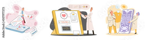 Online medical consultation and support metaphor. Online doctor. Healthcare services, Ask doctor. Tele medicine e-health service. Therapist videocalling phone screen. Diagnosis treatment of patients