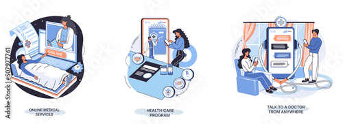 Mobile medicine mhealth online doctor, online medical services, health care program, talk to doctor from anywhere. Smartphone with medical application. Digital health and medical consultation metaphor