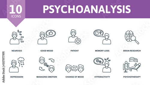 Psychoanalysis set icon. Editable icons psychoanalysis theme such as neurosis, patient, brain research and more.