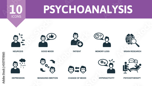 Psychoanalysis set icon. Editable icons psychoanalysis theme such as neurosis, patient, brain research and more.