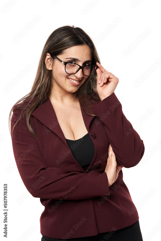 Young indian businesswoman on white background