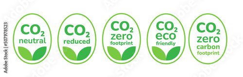 CO2 emission reduction icon set. Zero carbon footprint, CO2 neutral, CO2 reduced package, carbon credit symbol sign. Green eco friendly environment round stickers pack. Flat vector illustration.
