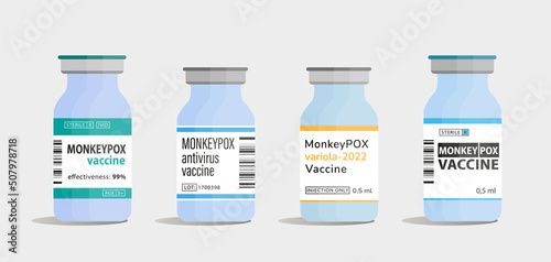 Monkeypox vaccine bottles vector illustration. Monkeypox outbreak disease 2022 New pandemic. Monkeypox variola virus, smallpax cure prevention. Health care concept. Flat vector illustration. photo