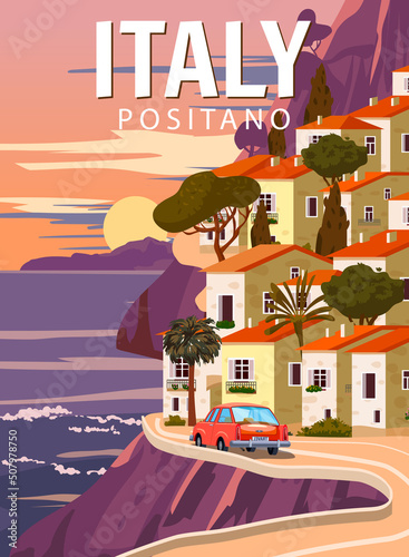 Wallpaper Mural Retro Poster Italy, mediterranean romantic landscape, road, car, mountains, seaside town, sailboat, sea