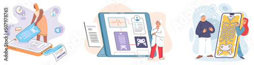 Online medical consultation and support metaphor. Online doctor. Healthcare services, Ask doctor. Tele medicine e-health service. Therapist videocalling phone screen. Diagnosis treatment of patients