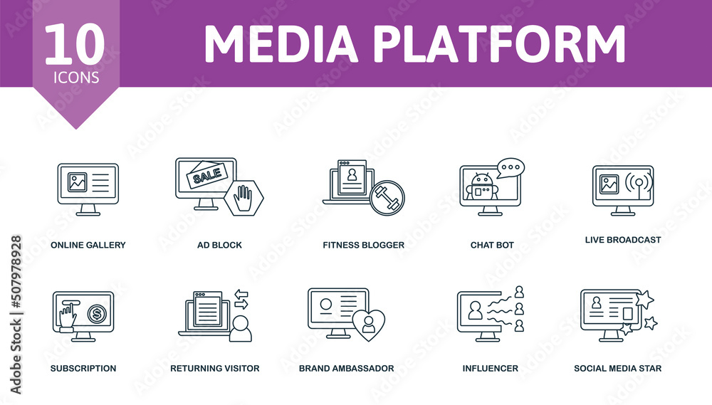 Media Platform set icon. Editable icons media platform theme such as avatar, chatbot, geotargeting and more. Media Platform set icon. Editable icons media platform theme such as avatar, chatbot, geotargeting and more.