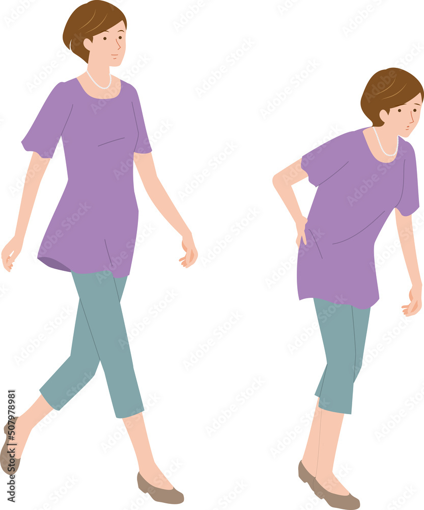 骨粗鬆症などで身長が縮みとぼとぼ歩くシニア女性と颯爽と歩くシニア女性