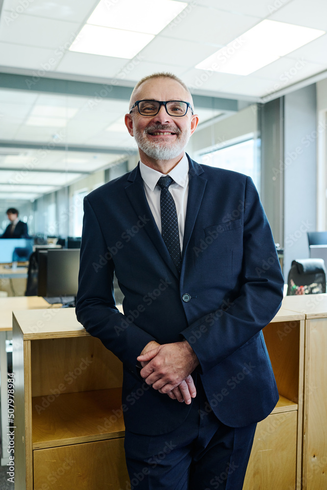 Portrait of senior successful manager in eyeglasses smiling at camera while standing at office Portrait of senior successful manager in eyeglasses smiling at camera while standing at office