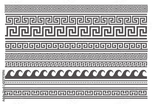 Greek style seamless frames. Geometric border set. Vector ornament pattern. Mediterranean decor elements.