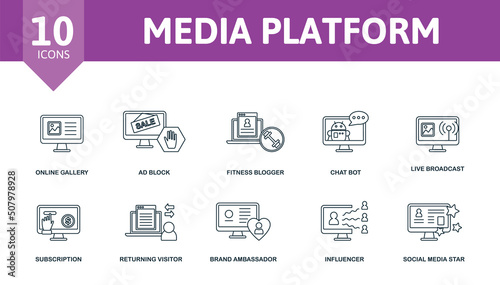 Media Platform set icon. Editable icons media platform theme such as avatar, chatbot, geotargeting and more.