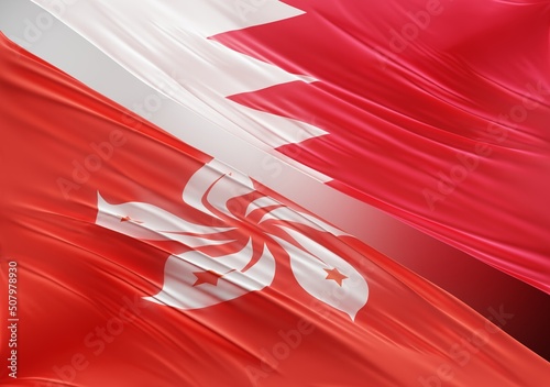 Photography Bahrain Flag with Abstract Hong Kong Flag Illustration 3D Rendering (3D Artwork)