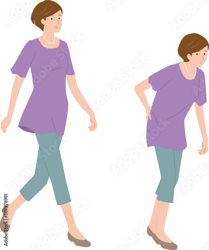 骨粗鬆症などで身長が縮みとぼとぼ歩くシニア女性と颯爽と歩くシニア女性