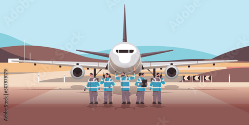 aviation marshallers supervisors team near airplane air traffic controllers airline worker in signal vests professional airport staff