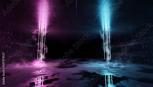 Futuristic blue and pink neon lights interior. Cyber neon laser tubes in garage room hangar. Sci fi dark tunnel warehouse with metal panels wall lighted. Construction corridor 3d Rendering