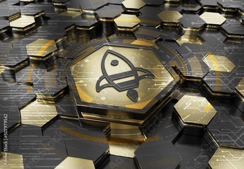 Spaceship icon innovation concept engraved on gold metal hexagonal pedestral background. Rocket startup logo glowing on abstract digital surface. 3d rendering