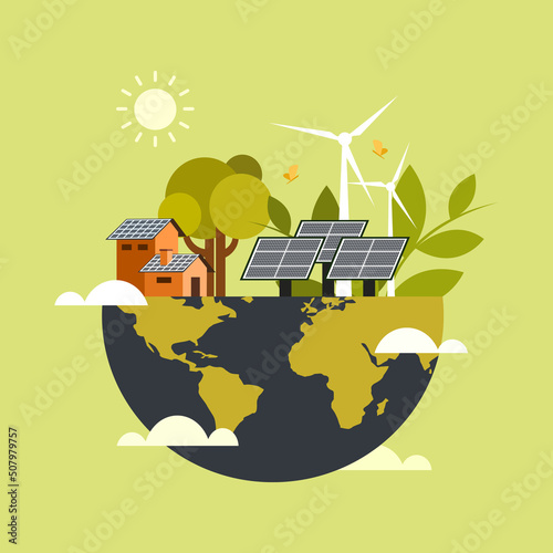 Conceptual illustration planet earth with eco friendly renewable sources of energy
