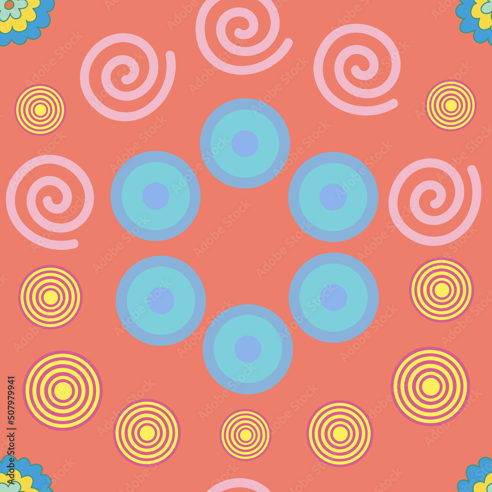 Colourful seamless pattern with geometric shapes on orange background.