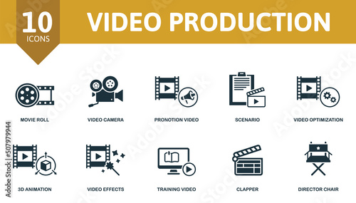 Video Production set icon. Contains video production illustrations such as video camera, scenario, 3d animation and more.
