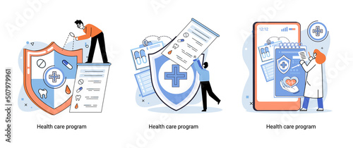 Health care program metaphor, online medical services, protection medicine. Medical insurance, hospital services, preventive check up, sick leave certificate treatment diagnosis patients, telemedicine