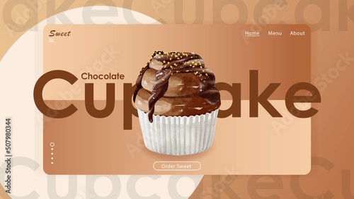 Watercolor of sweet chocolate cupcake website template vector design