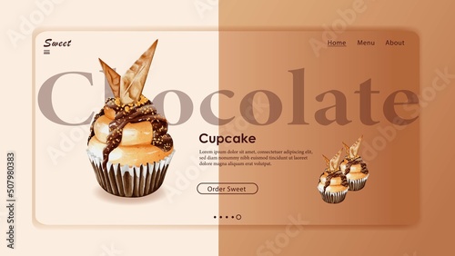 Watercolor of chocolate custard cupcake website template vector design