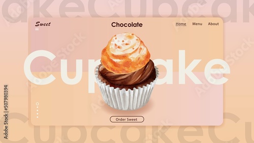 Watercolor of sweet creamy chocolate cupcake website template vector design