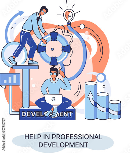 Help in professional development metaphor. Qualified employee training program. Refresher course. Human resource management organization. Business education workshop. School personality growth in team