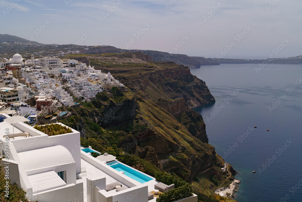 View looking over FiraStefani and Fira in Santorini, Greece. Greek island view with sea and rocky landscape May 2022