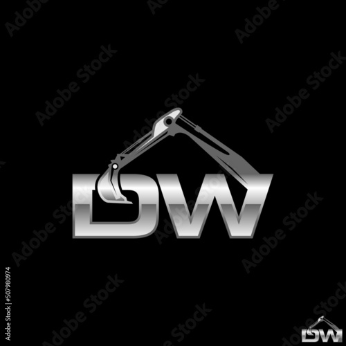 Unique but simple letter or word DW connect font with excavator hand image graphic icon logo design abstract concept vector stock. Can be used as a symbol related to initial or construction