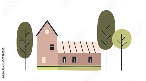 Scandinavian house exterior and trees outside. Cute Scandi country home facad...