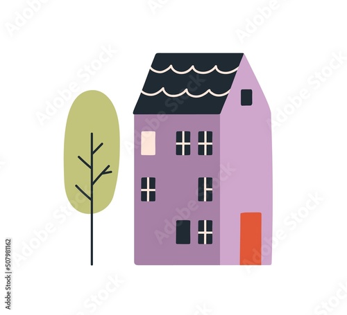 Cute house exterior with trees outside. Sweet home facade in Scandinavian sty...