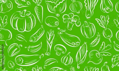Seamless pattern on theme of vegetables and healthy food. Farm organic concept. Background vector illustration