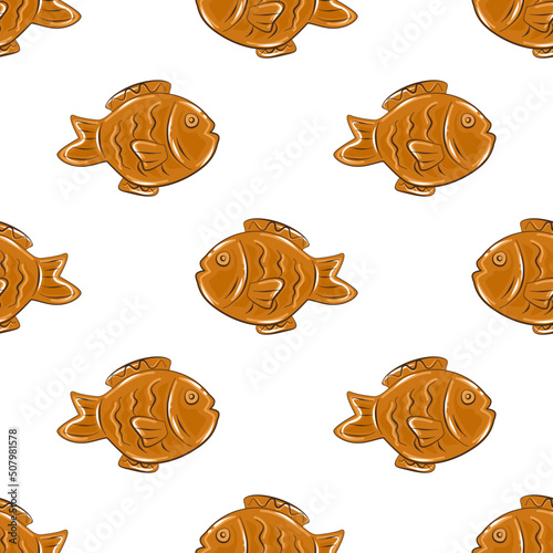 Seamless pattern of taiyaki desserts. Japanese sweets. Food wrapping paper pattern.
