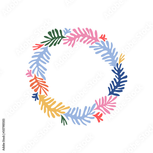Multicoloured Xmas spruce wreath paper cutout shapes vector illustration set isolated on white. Matisse inspired pine fir tree round frame for Christmas New Year holiday season decor and card making.