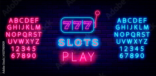 Slots play neon sign with jackpot icon. Shiny blue and pink alphabet. Winner concept. Vector stock illustration