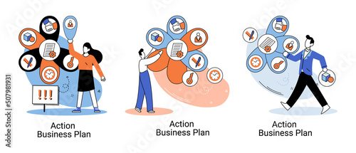 Action business plan, development strategies, foreseeing market risks. Company success secret, idea growing business achieve target metaphor, study production and sales market. Strategic biz planning