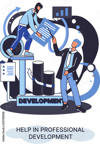 Help in professional development metaphor. Qualified employee training program. Refresher course. Human resource management organization. Business education workshop. School personality growth in team