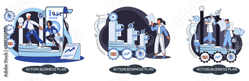 Action business plan, development strategies, foreseeing market risks. Company success secret, idea growing business achieve target metaphor, study production and sales market. Strategic biz planning