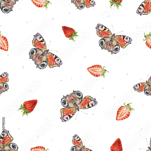 Peacock butterflies and strawberry on a white background. Watercolor drawing. Insects art. Handwork. Seamless pattern for design.