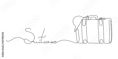 Continuous one Line drawing of an Suitcase. Lettering the word Suitcase. Travel concept. Vintage Suitcase isolated on a white background. Vector illustration.